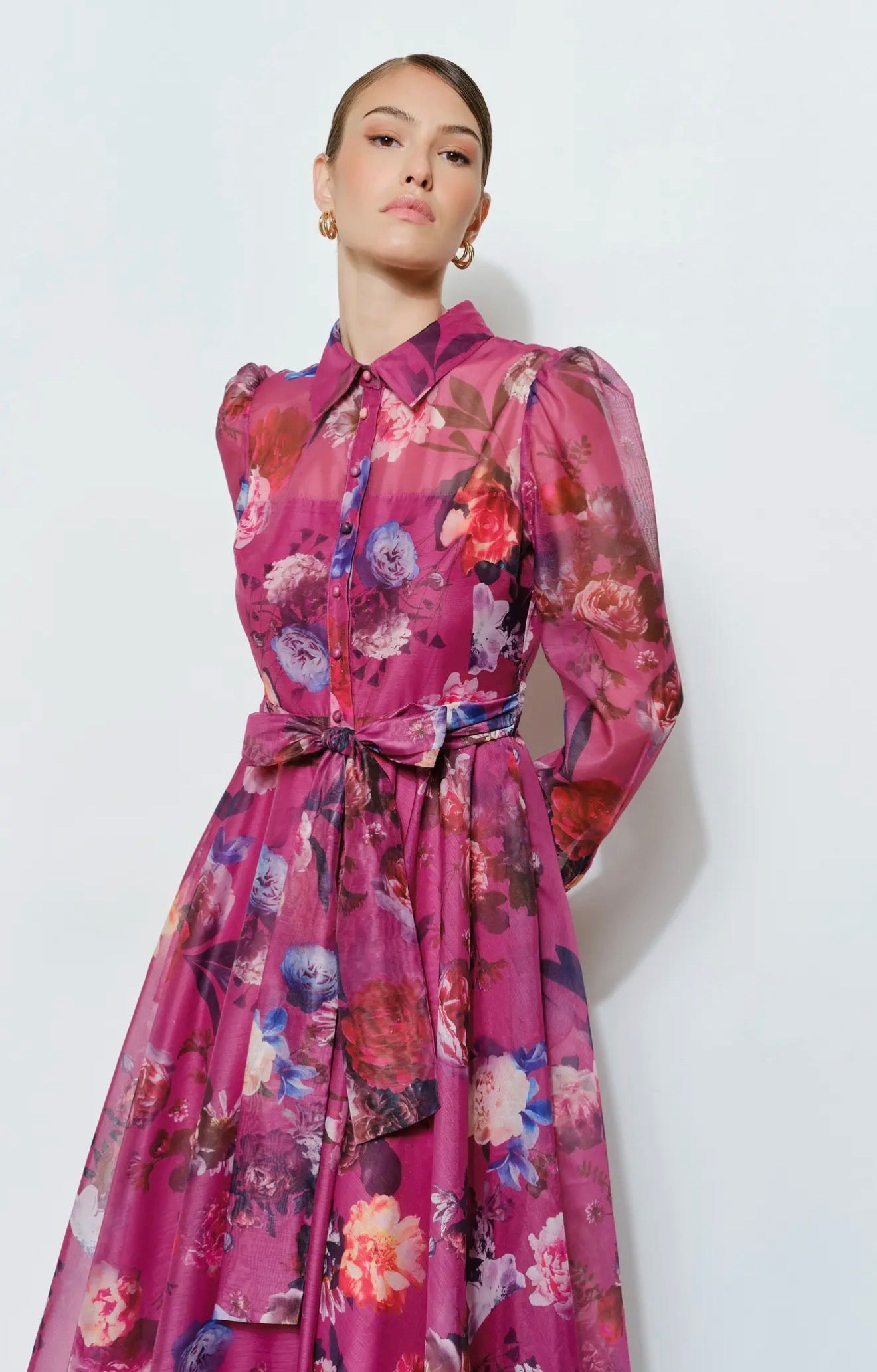 Floral organza puff sleeve belted dress