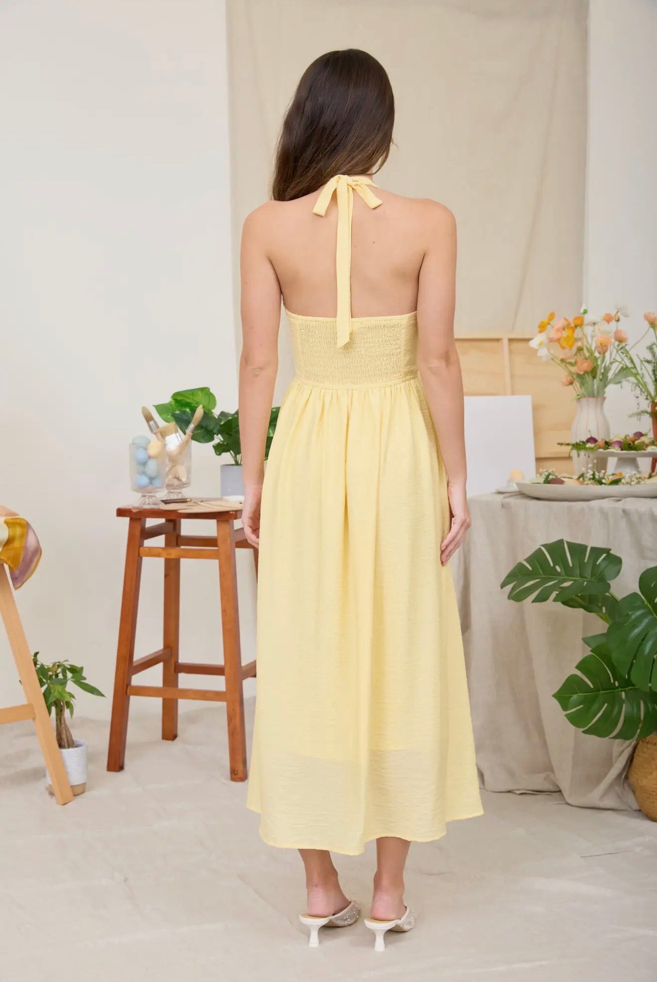 Halter Neck Corset Detail Embroidered Midi Dress