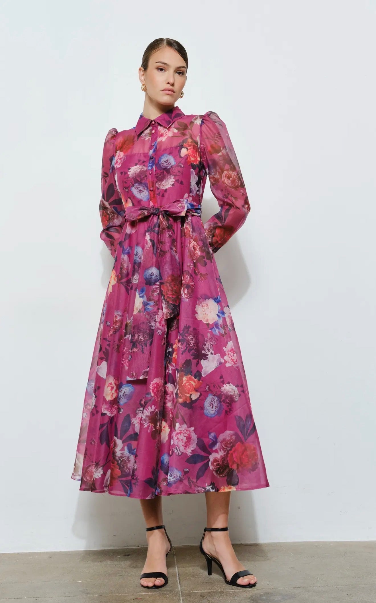 Floral organza puff sleeve belted dress