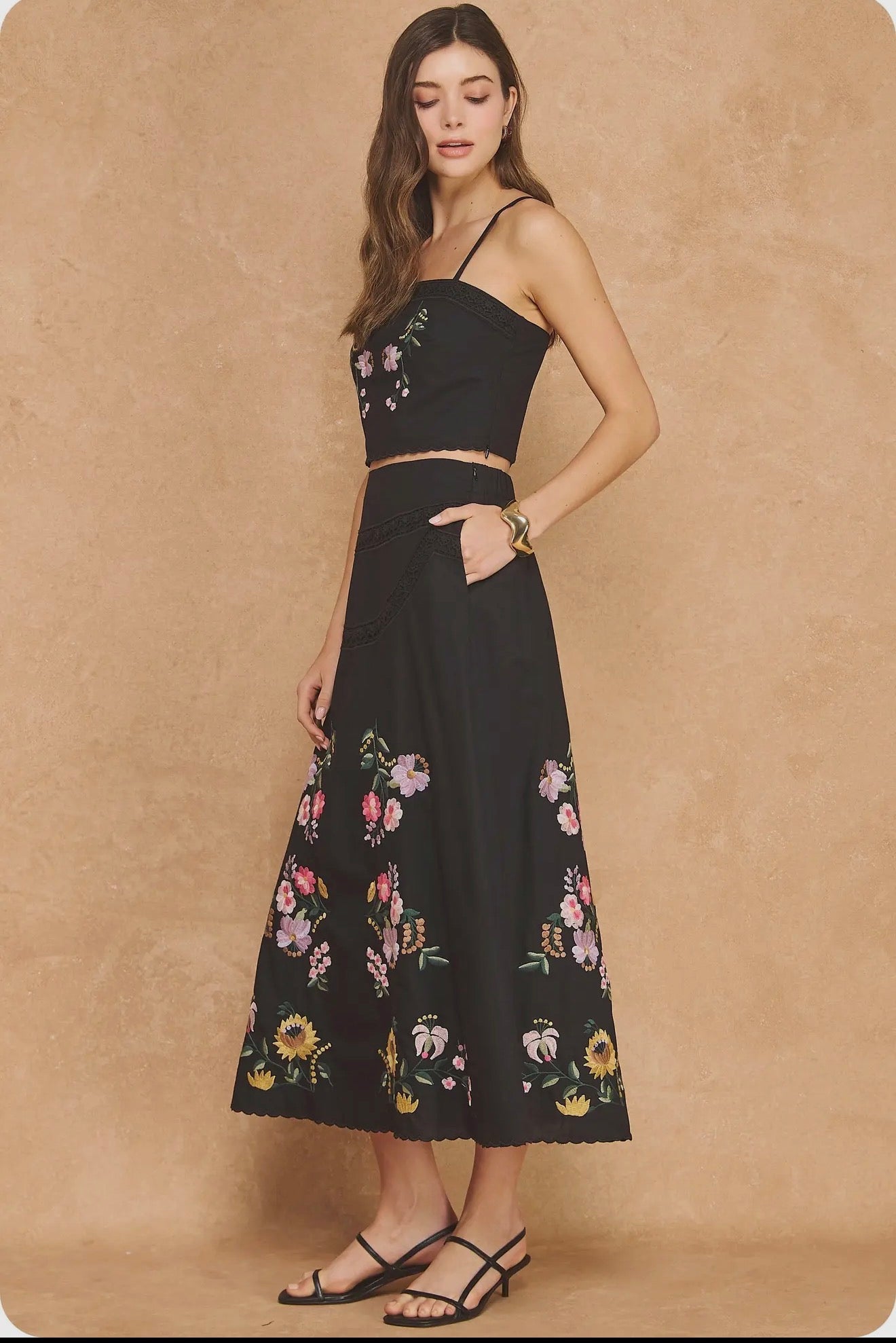 Embroidered Floral Lace Detail Top and Skirt Set