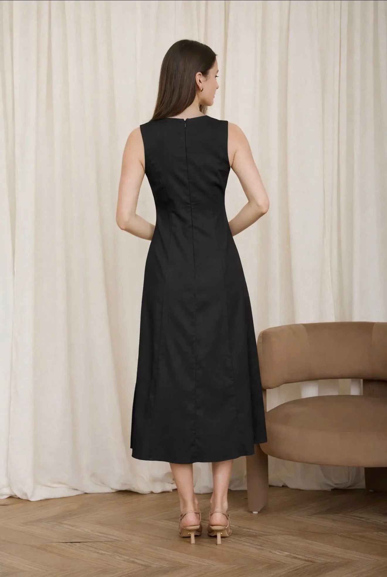 Button Down Sleeveless Split Hem Linen Midi Dress