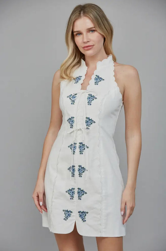 Emb Detail Linen Blend Scallop Edge Halter Dress