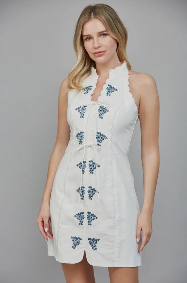 Emb Detail Linen Blend Scallop Edge Halter Dress