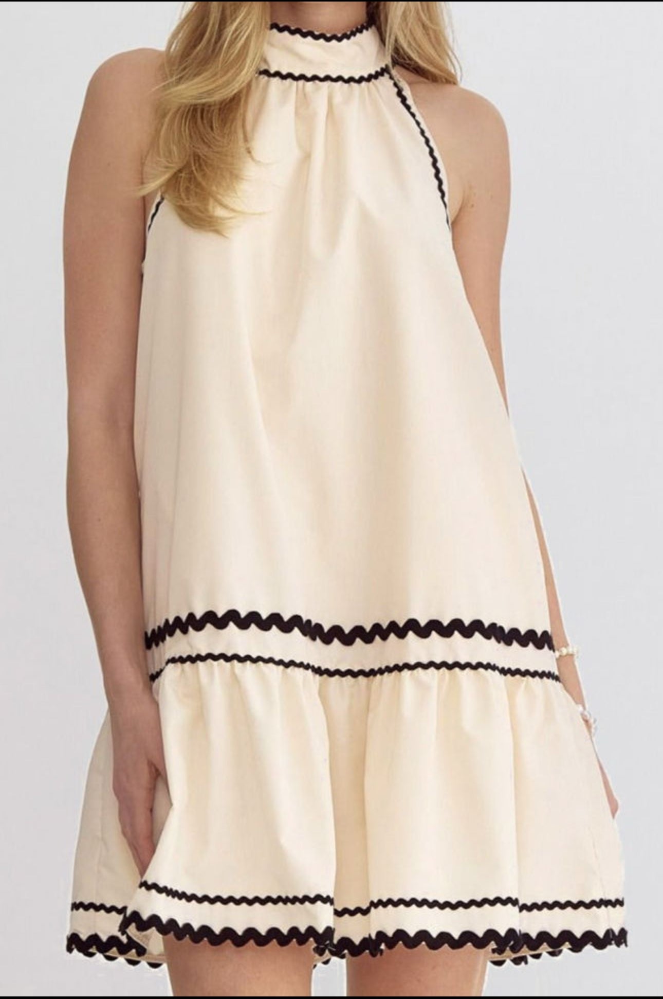 Final Sale- Khaki Stripe Ric Rac Trim Halter A-line Mini Dress