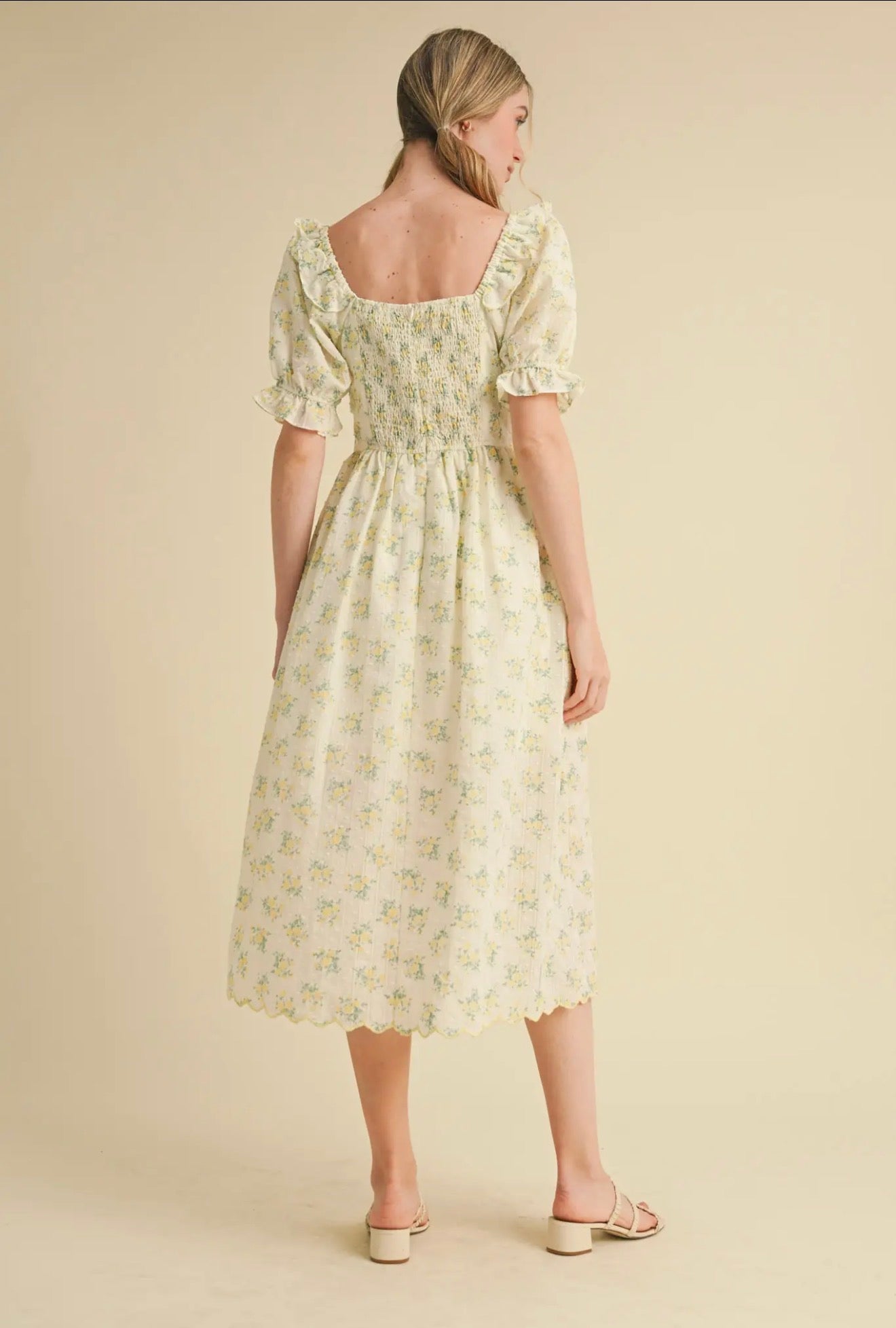 Lemon Floral Embroidered Scallop Bib Midi dress