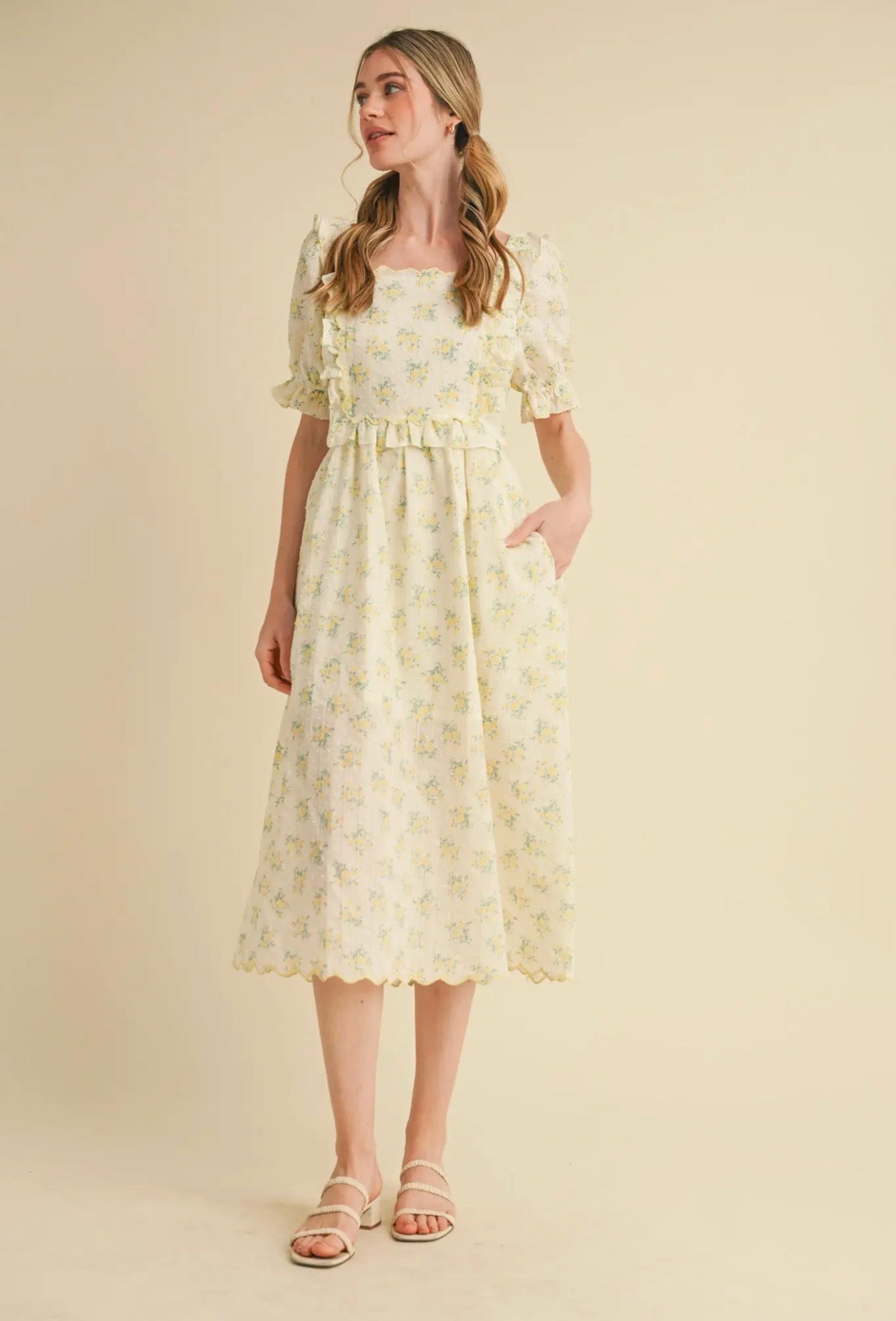 Lemon Floral Embroidered Scallop Bib Midi dress