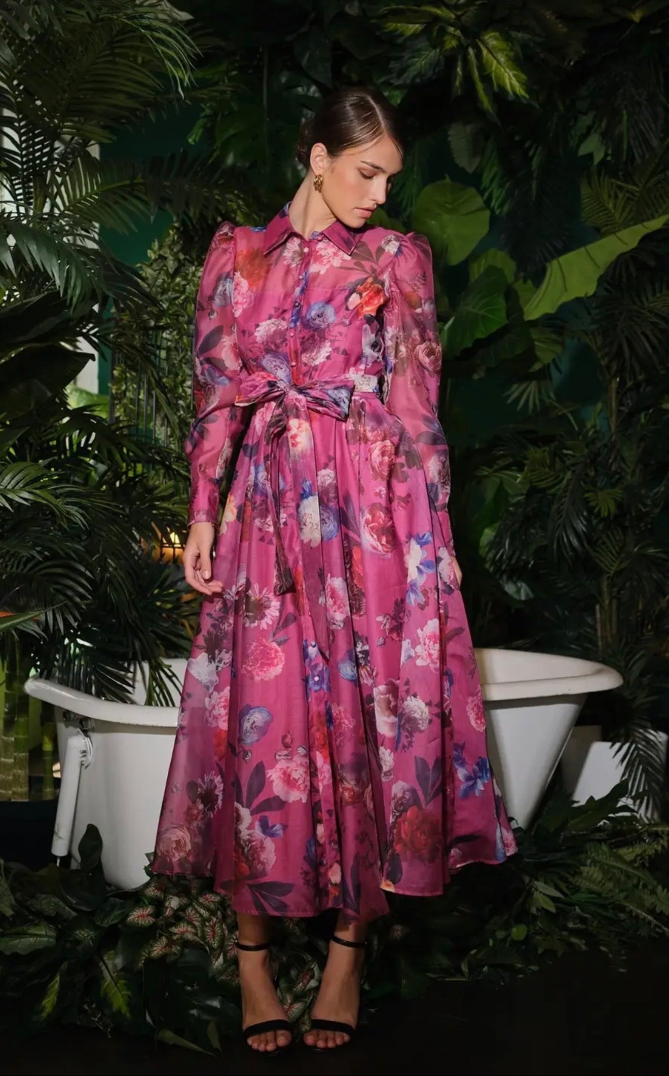 Floral organza puff sleeve belted dress