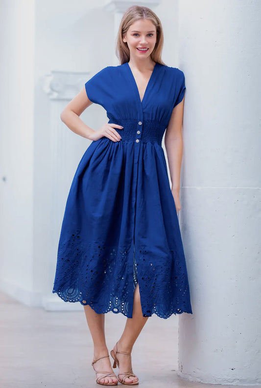 PreorderV-neck Dolman Slv Smocking Button Down Dress