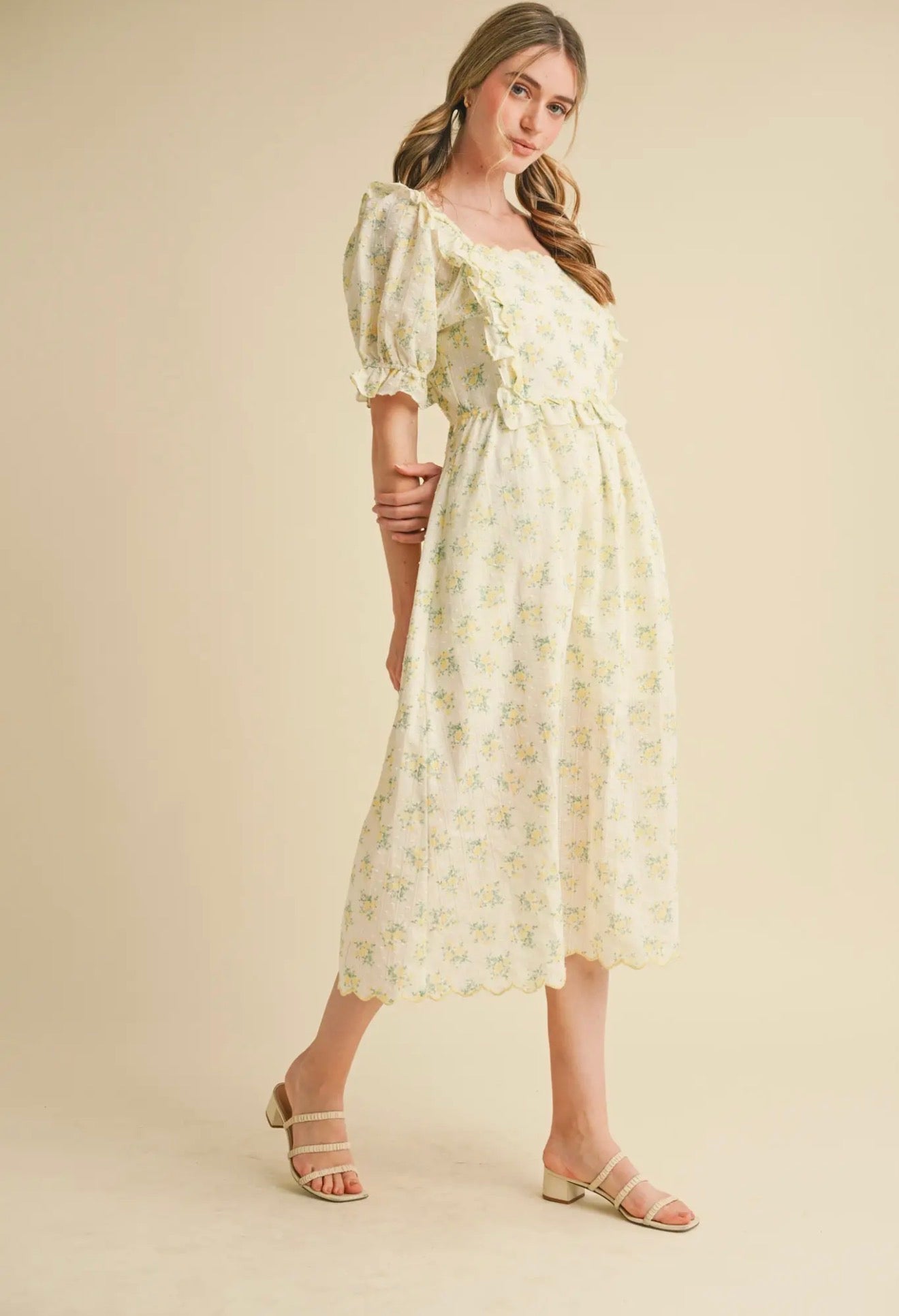 Lemon Floral Embroidered Scallop Bib Midi dress