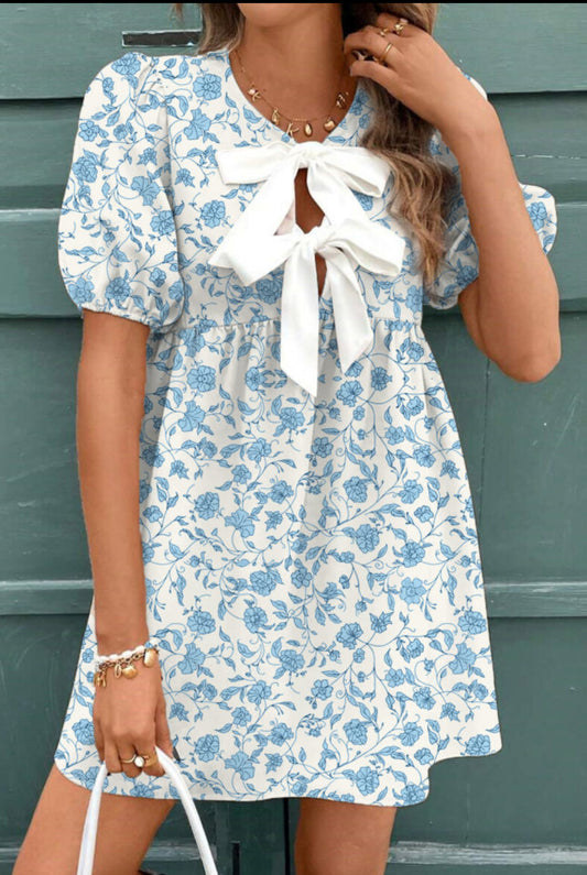 Final Sale- Sky Blue Floral Contrast Bow Puff Sleeve Mini Dress