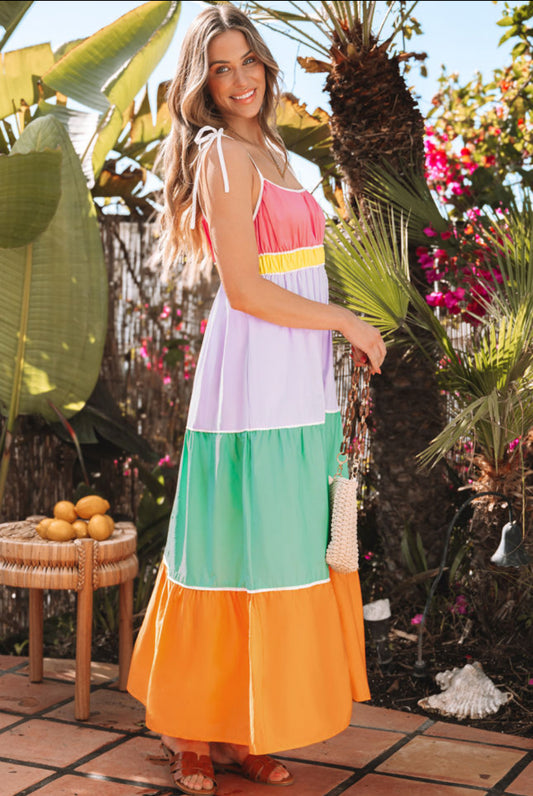 Final Sale-Multi Color Colorblock Self-tie Straps High Waist Flowy Maxi Dress with Pockets