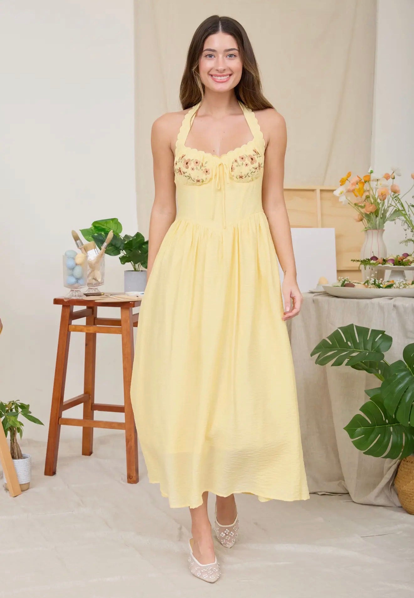 Halter Neck Corset Detail Embroidered Midi Dress