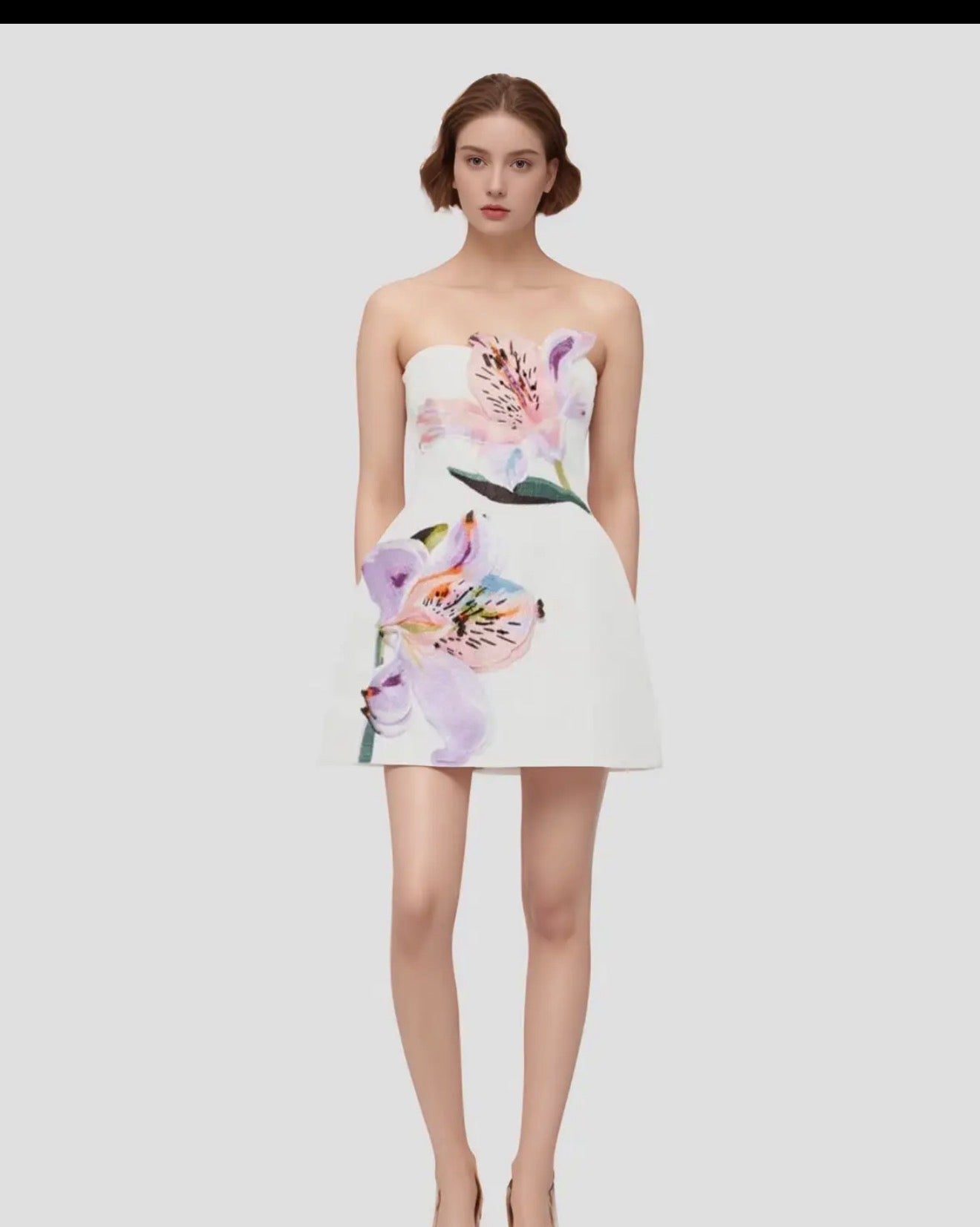 3D floral Beaded detail Strapless mini Dress