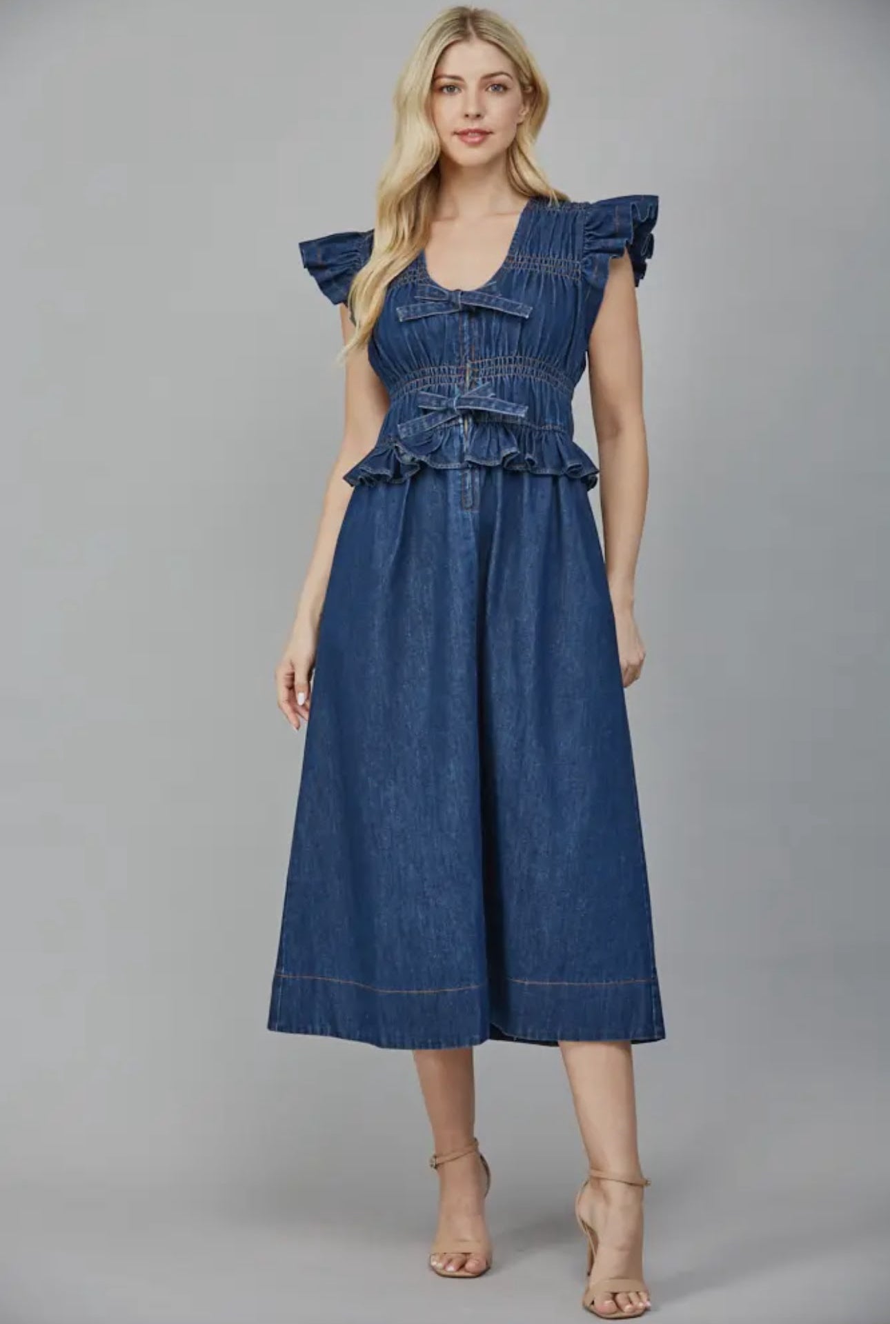 Ruffled Detail Flutter Sleeve Washed Denim Dress