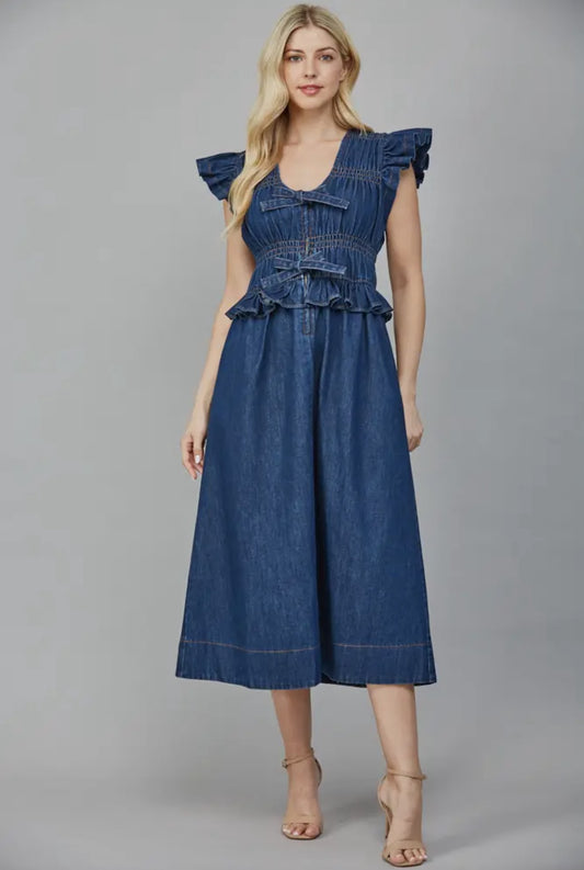 Ruffled Detail Flutter Sleeve Washed Denim Dress