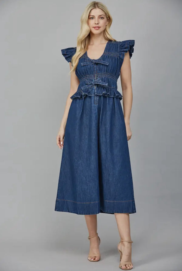 Ruffled Detail Flutter Sleeve Washed Denim Dress