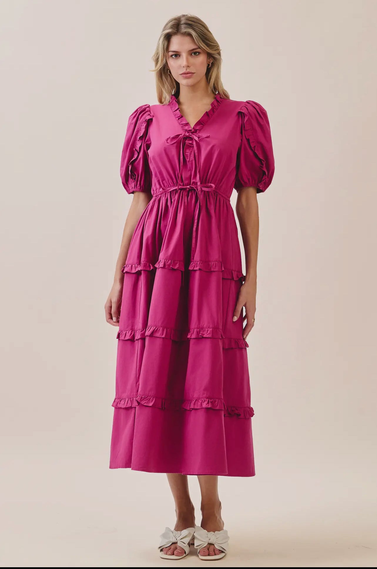 Drawstring Waist Tiered Skirt Ruffle Accents Dress
