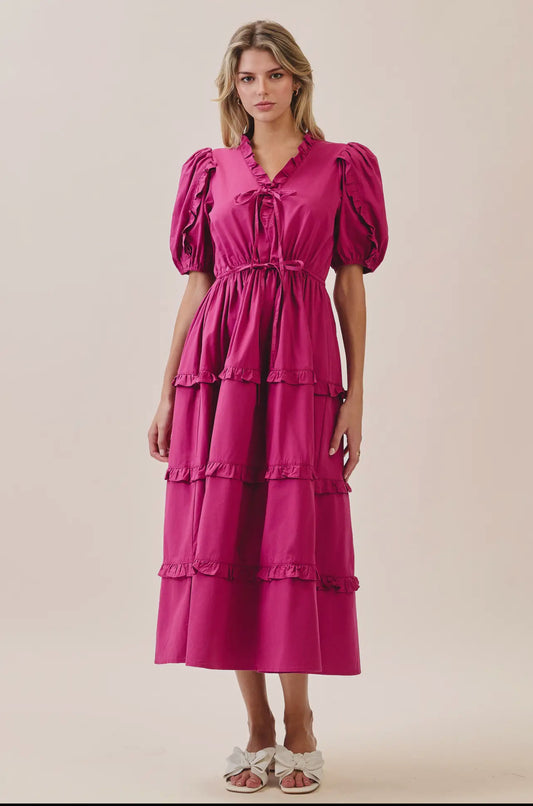 Drawstring Waist Tiered Skirt Ruffle Accents Dress