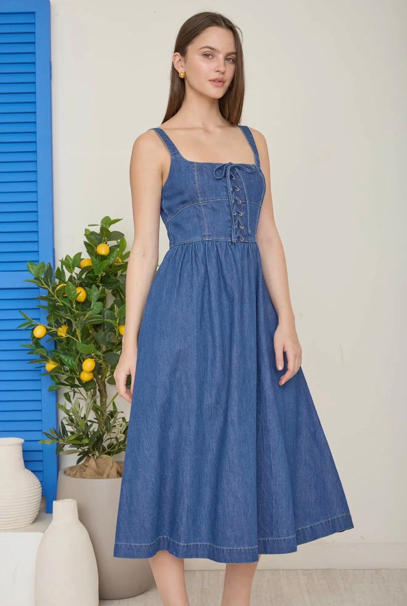 Front Lace Up- Denim Sleeveless Dress