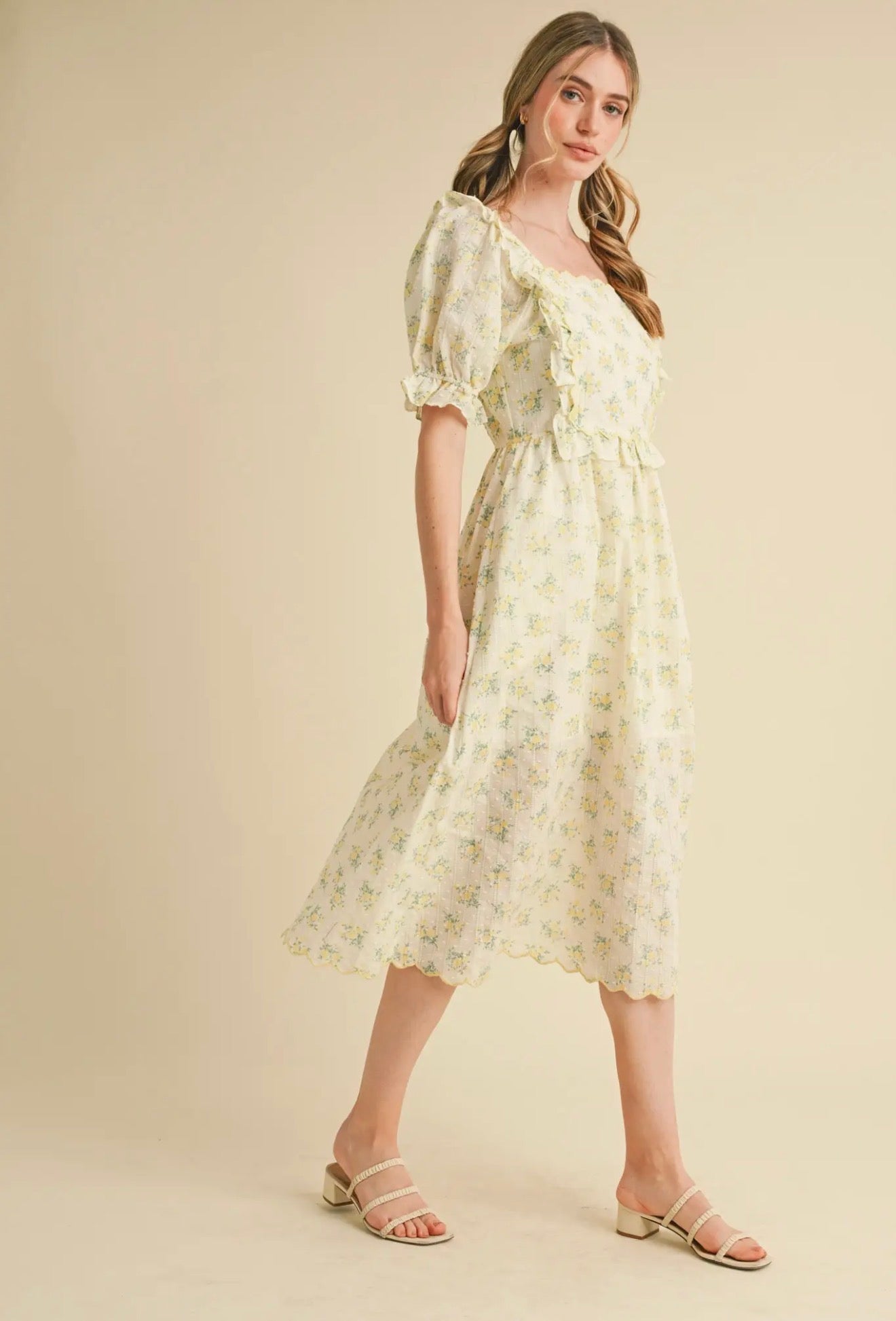 Lemon Floral Embroidered Scallop Bib Midi dress