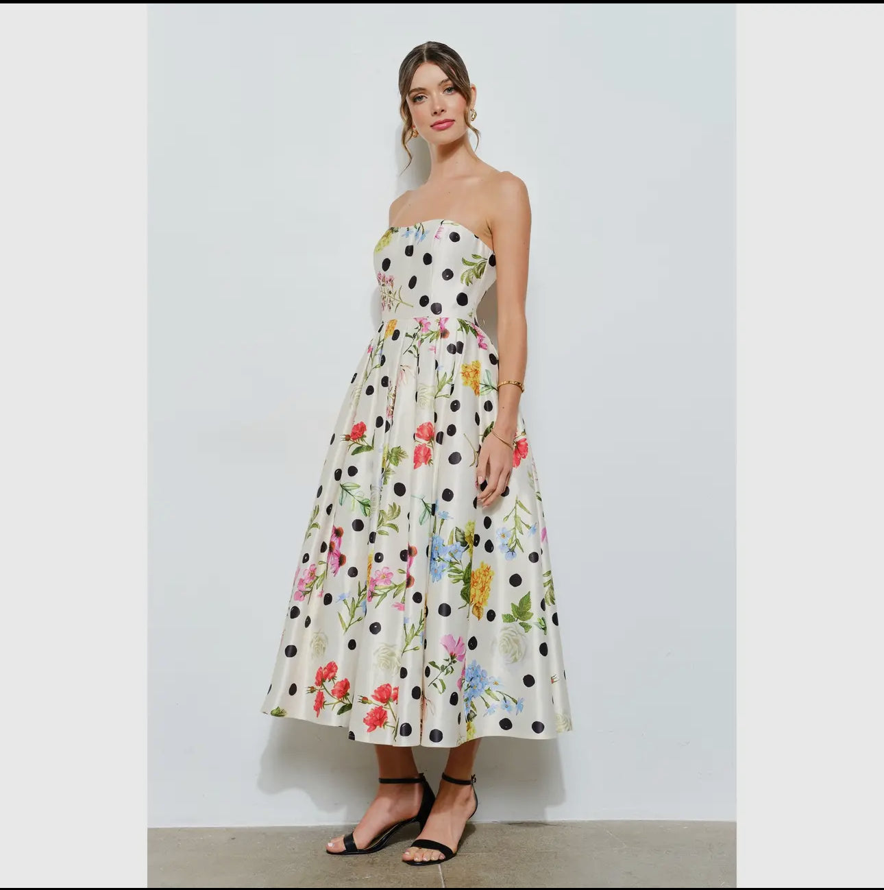 Floral Polka Dot Strapless Satin Midi Dress