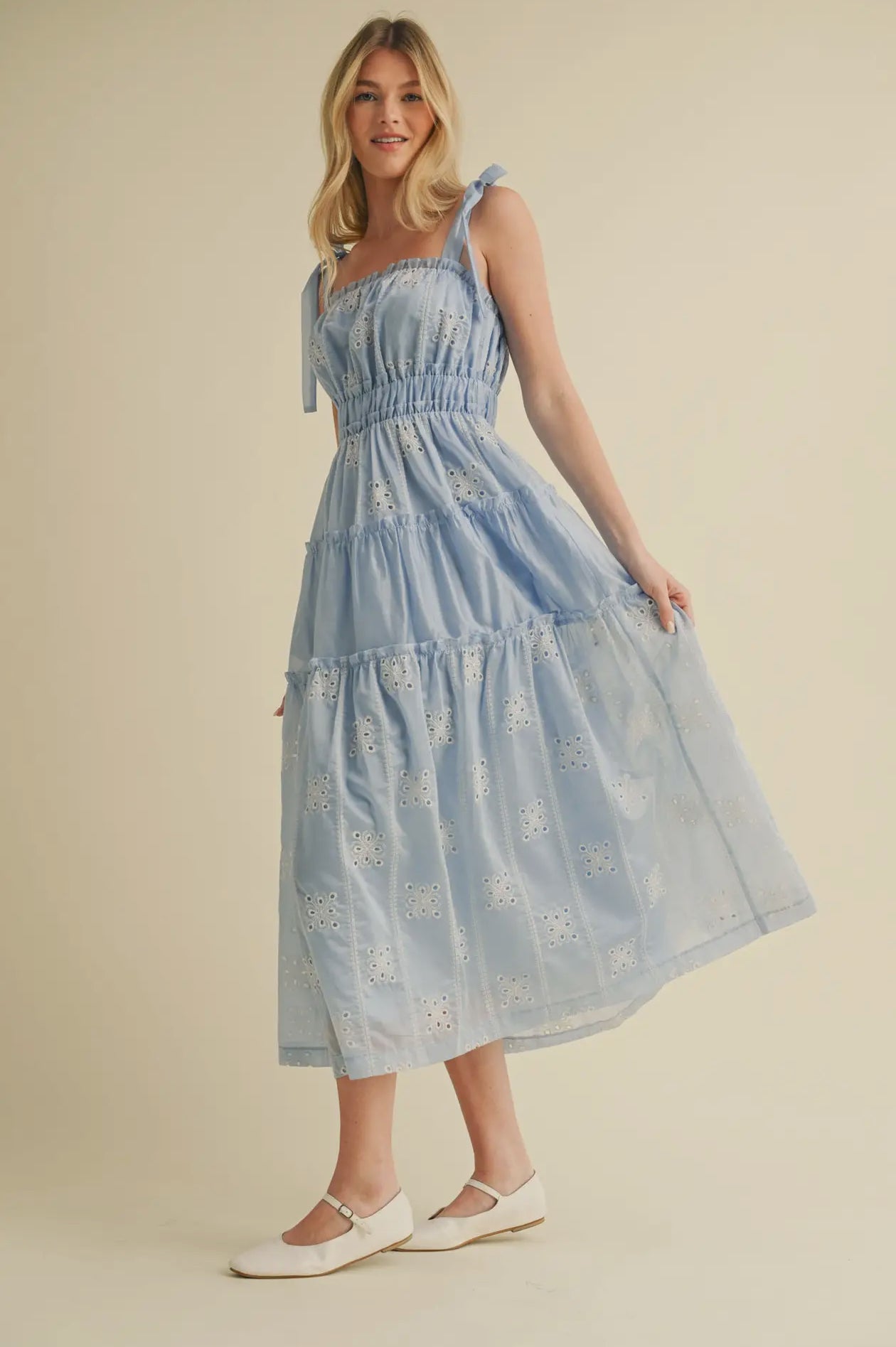 Tiered Eyelet Midi Dress