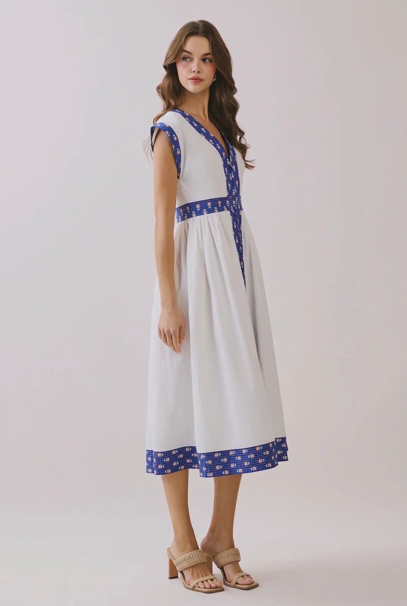 Contrast Printed V neck Midi Dress