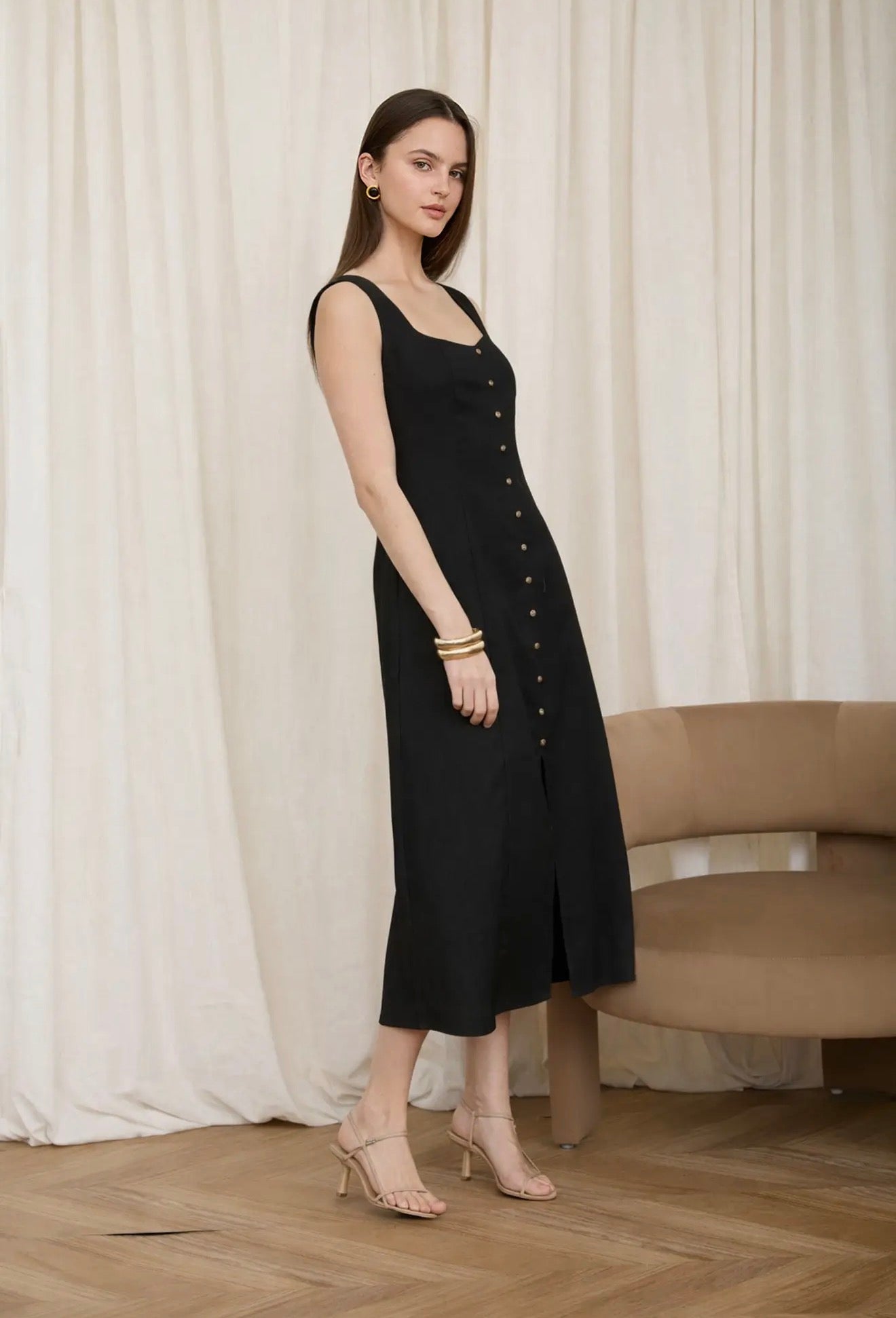 Button Down Sleeveless Split Hem Linen Midi Dress