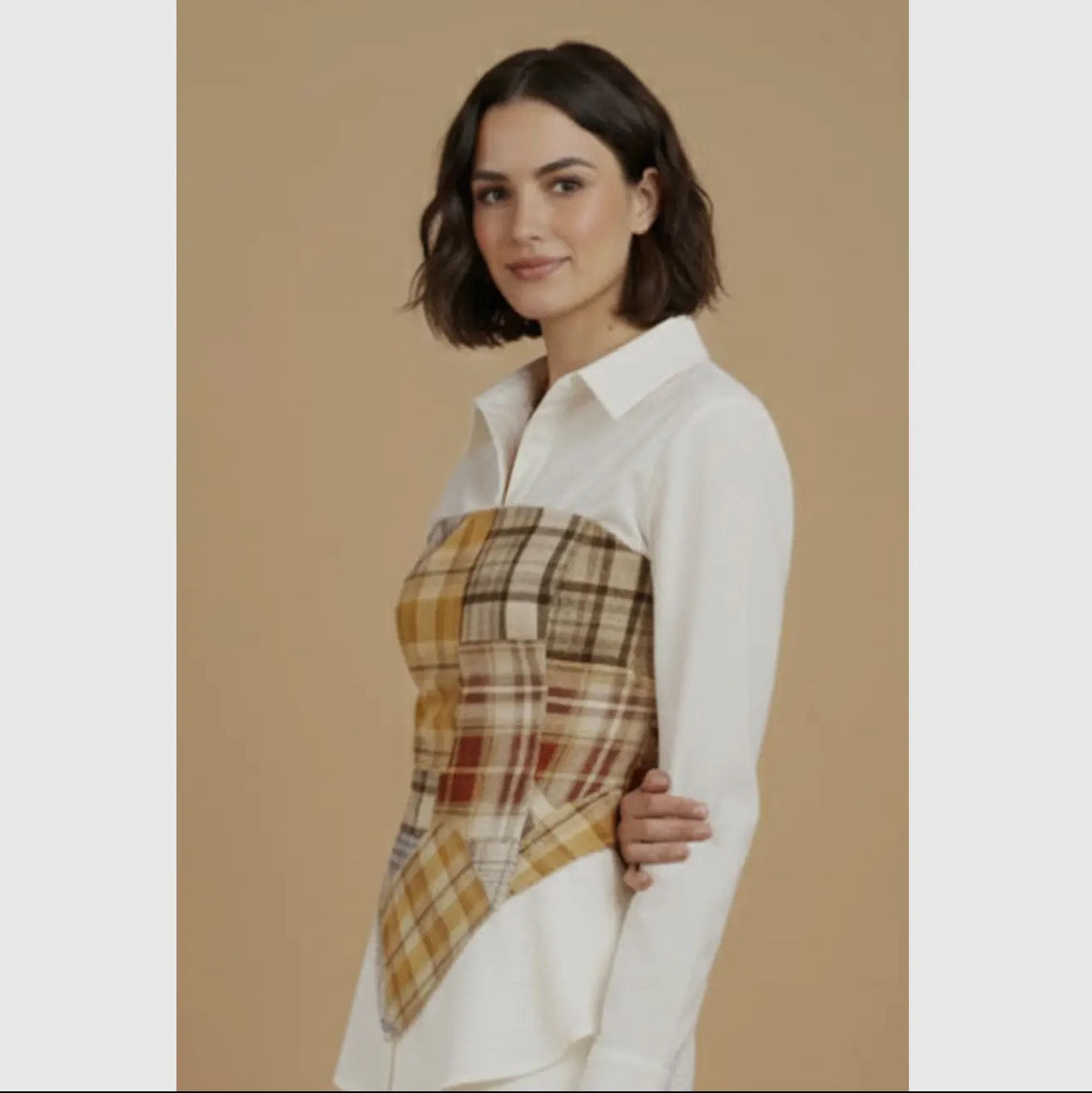Plaid Scarf Shirt and Wide Leg Pant set