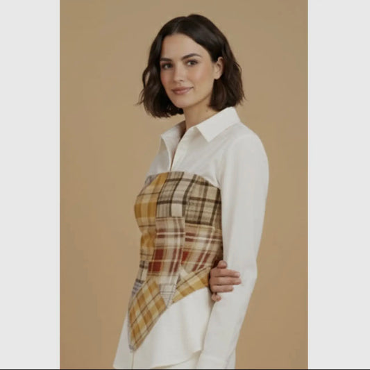 Plaid Scarf Shirt and Wide Leg Pant set