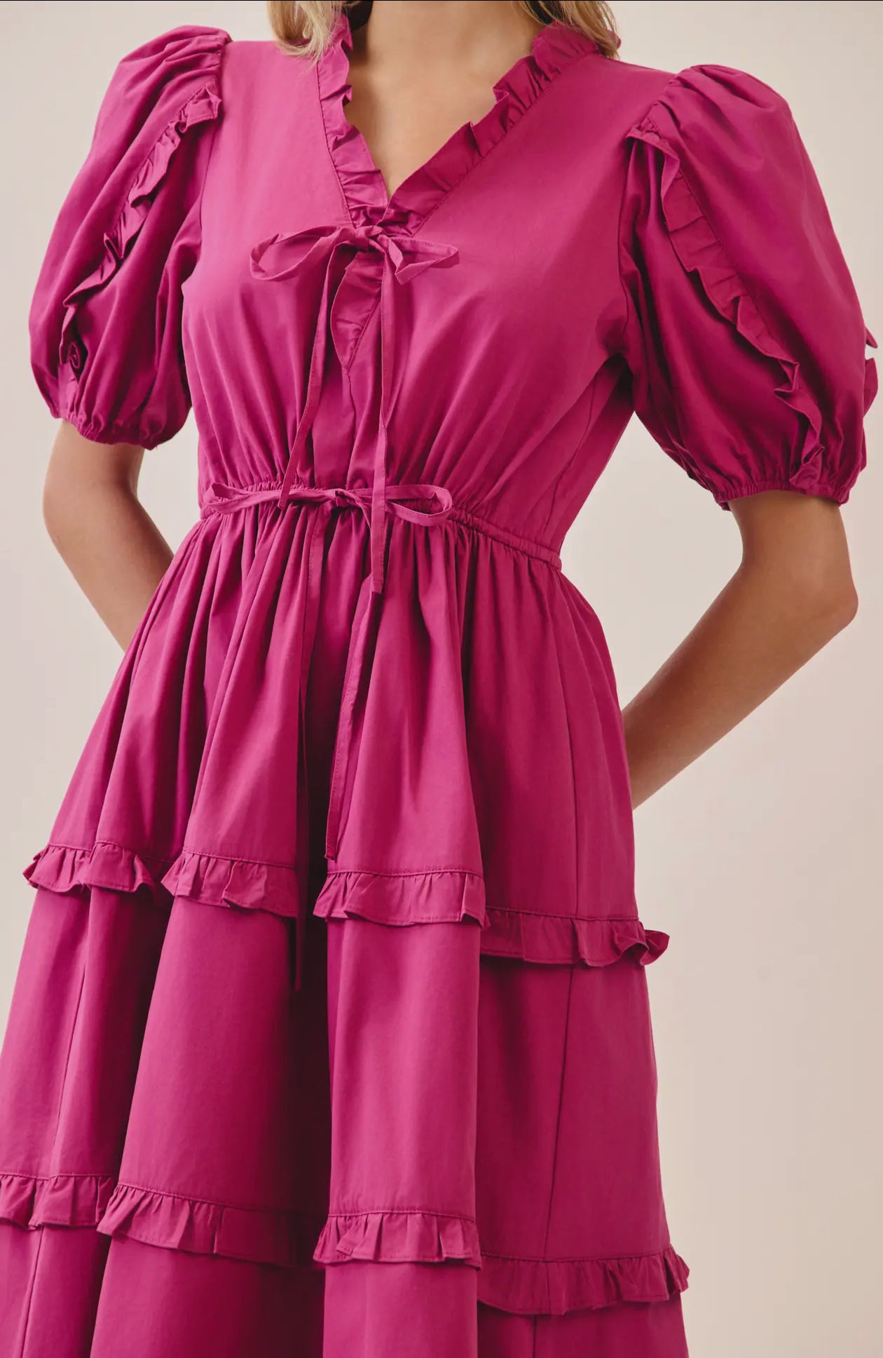 Drawstring Waist Tiered Skirt Ruffle Accents Dress