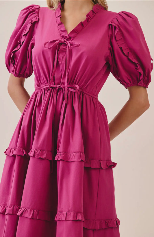 Drawstring Waist Tiered Skirt Ruffle Accents Dress