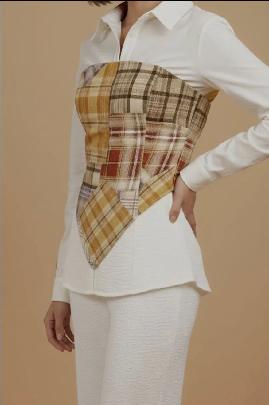 Plaid Scarf Shirt and Wide Leg Pant set