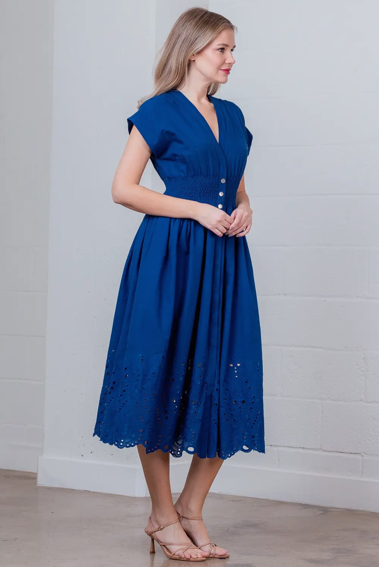 PreorderV-neck Dolman Slv Smocking Button Down Dress