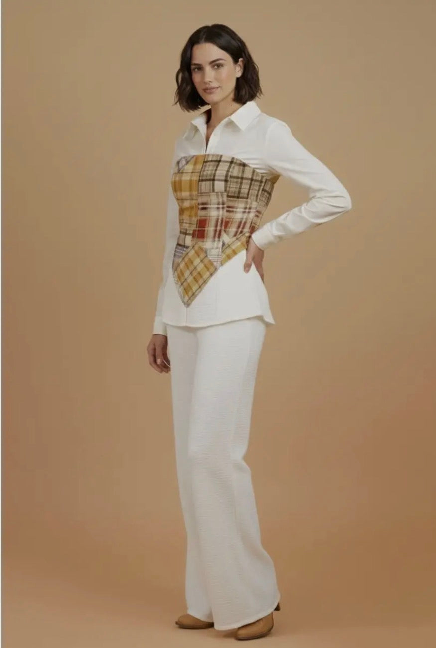 Plaid Scarf Shirt and Wide Leg Pant set