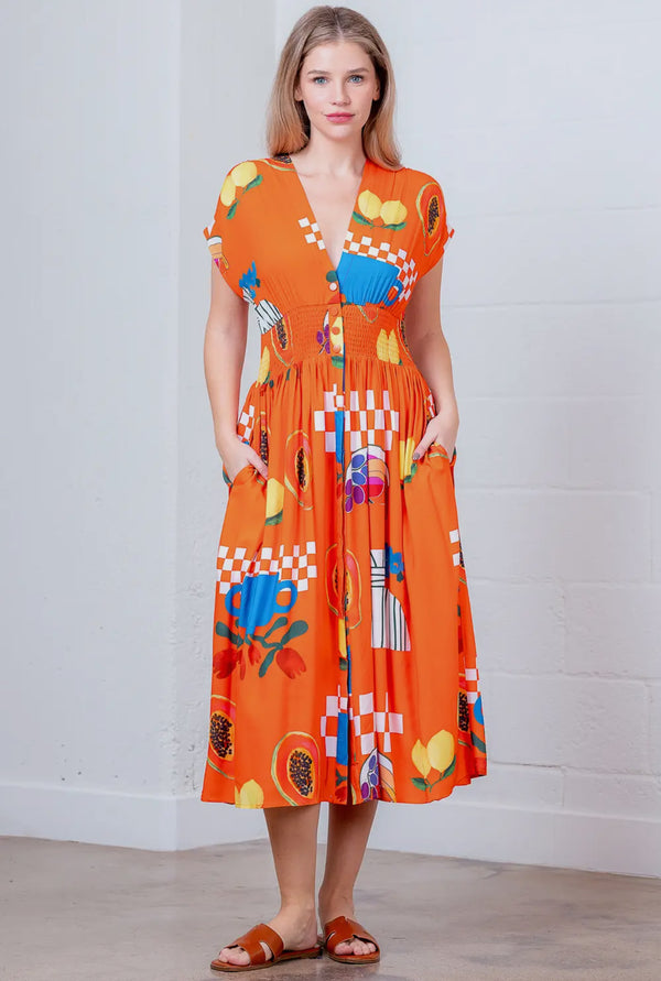 V-neck Roll up Slv Smocking Button Down Dress