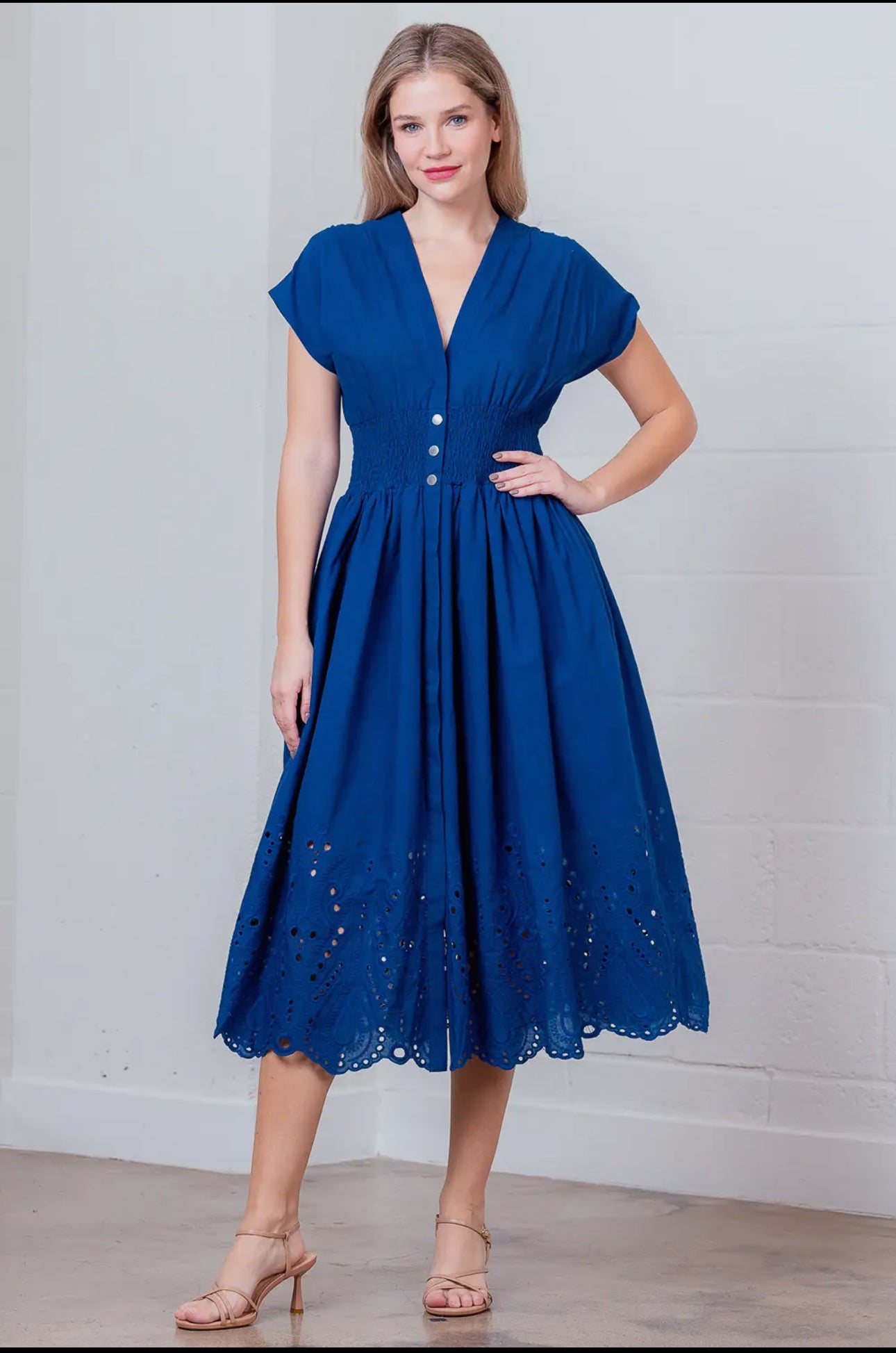 PreorderV-neck Dolman Slv Smocking Button Down Dress
