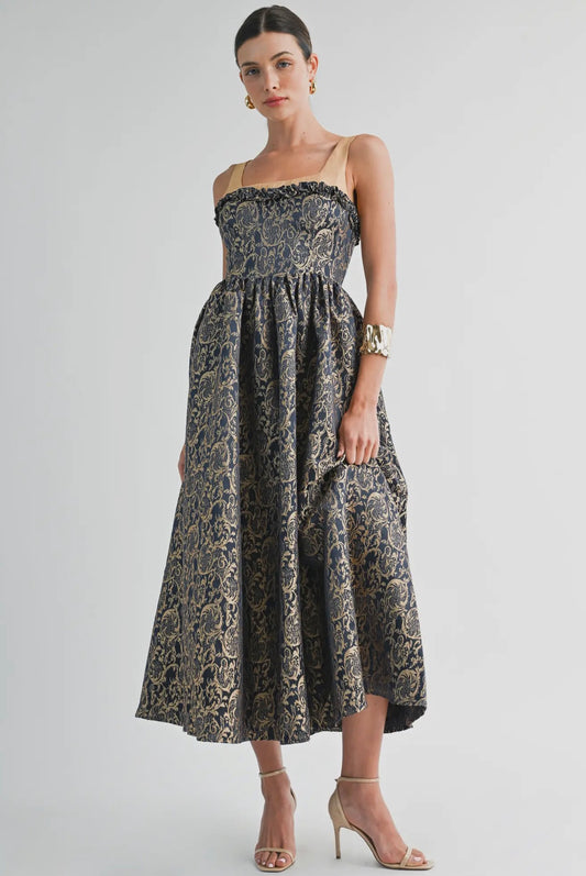 Navy and Gold Damask Midi Dress