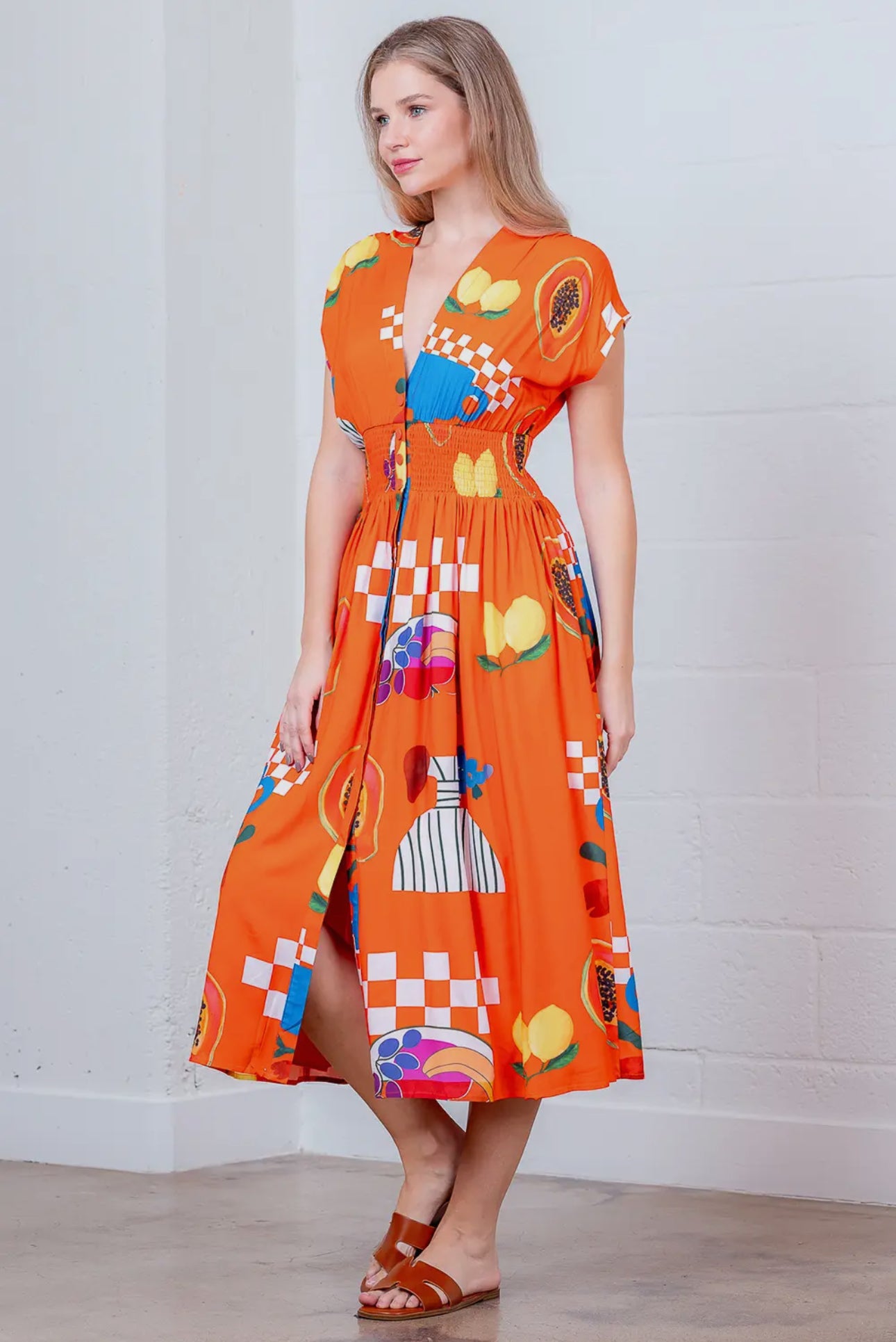 V-neck Roll up Slv Smocking Button Down Dress
