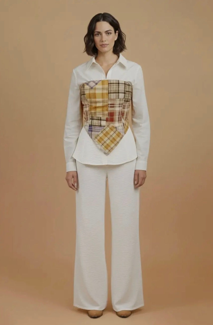 Plaid Scarf Shirt and Wide Leg Pant set