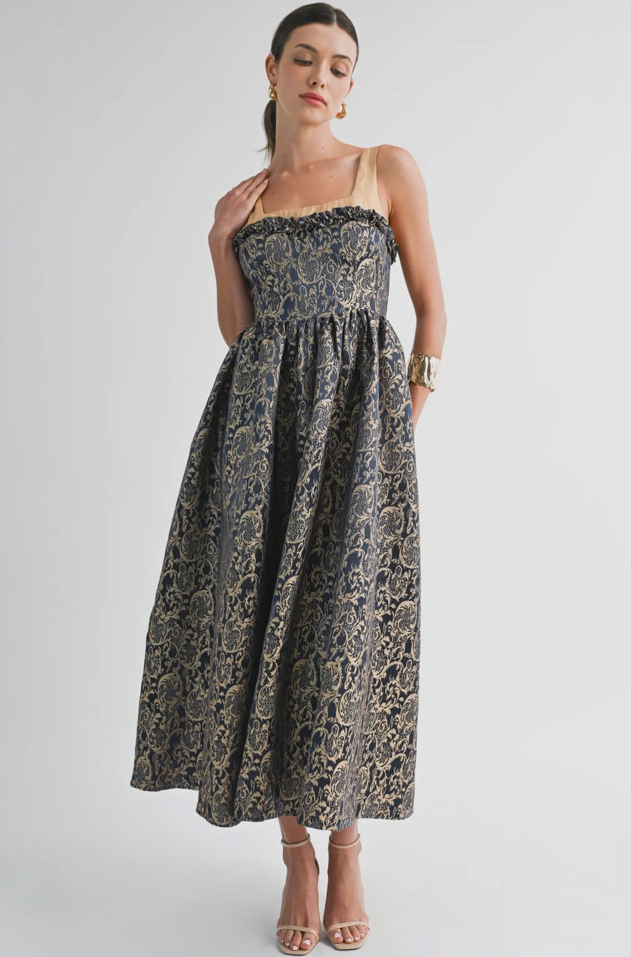 Navy and Gold Damask Midi Dress