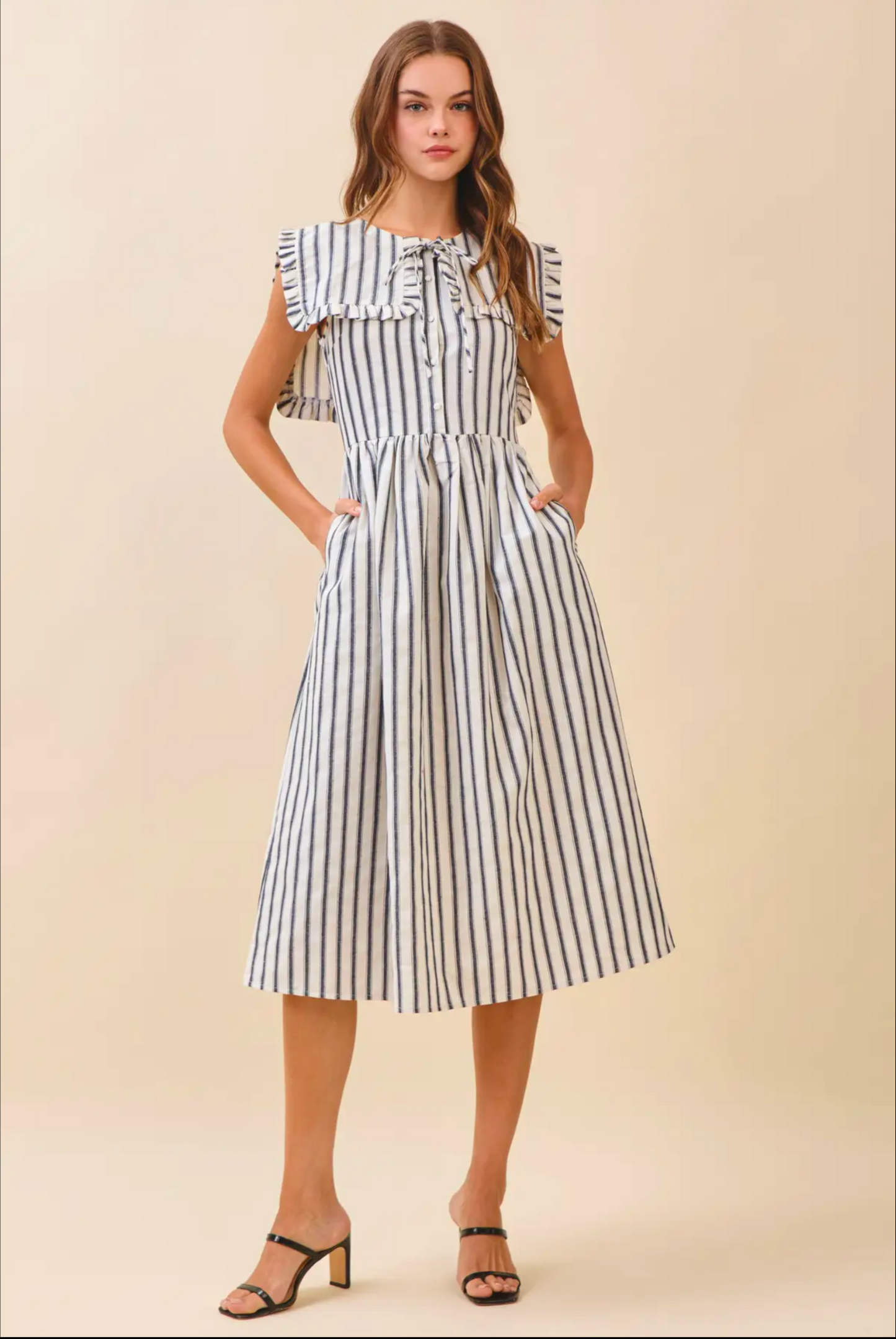 Striped Ruffled Square Collar Front Tie Midi Dress