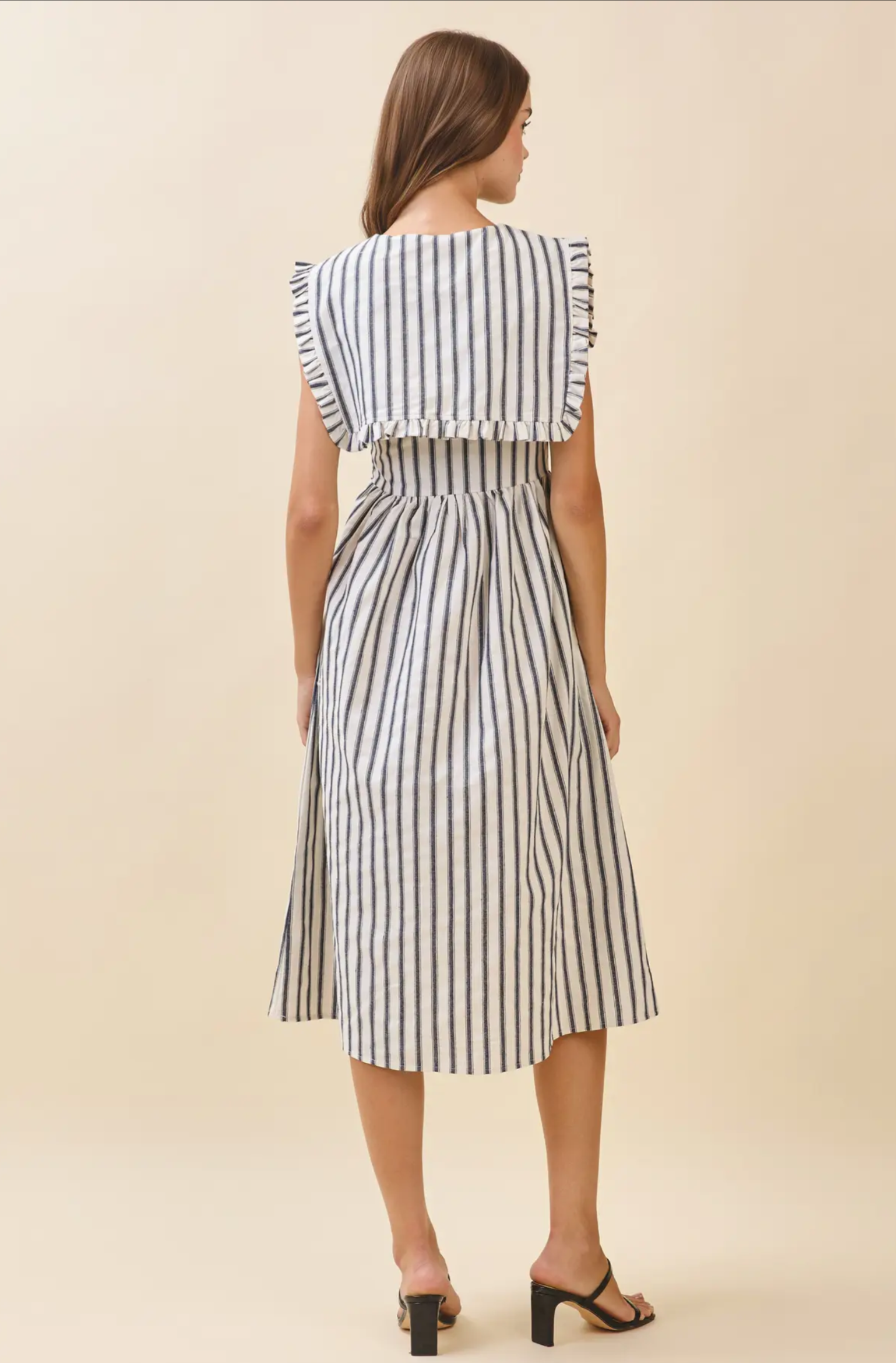 Striped Ruffled Square Collar Front Tie Midi Dress