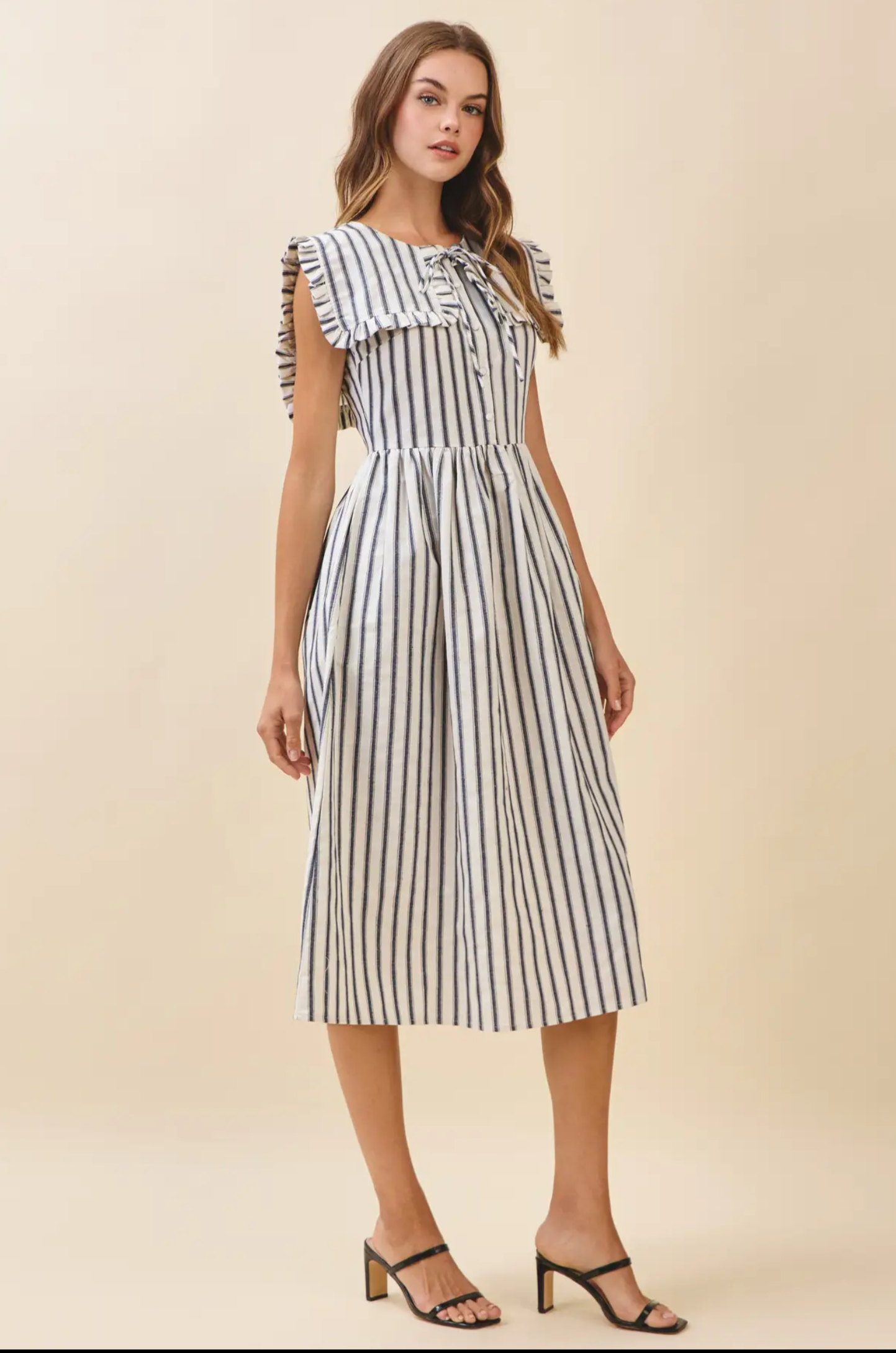 Striped Ruffled Square Collar Front Tie Midi Dress