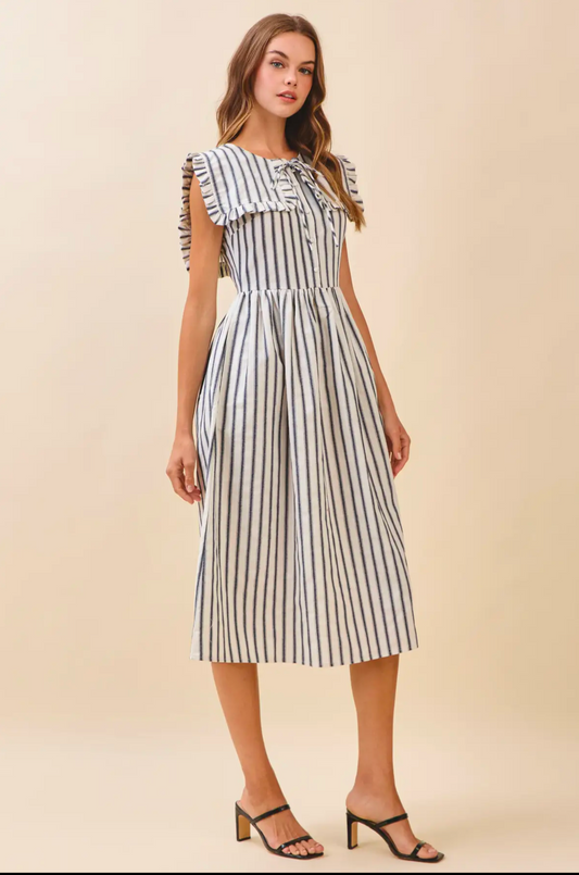 Striped Ruffled Square Collar Front Tie Midi Dress